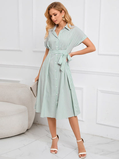 Striped Short Sleeve Tie Waist Midi Dress.