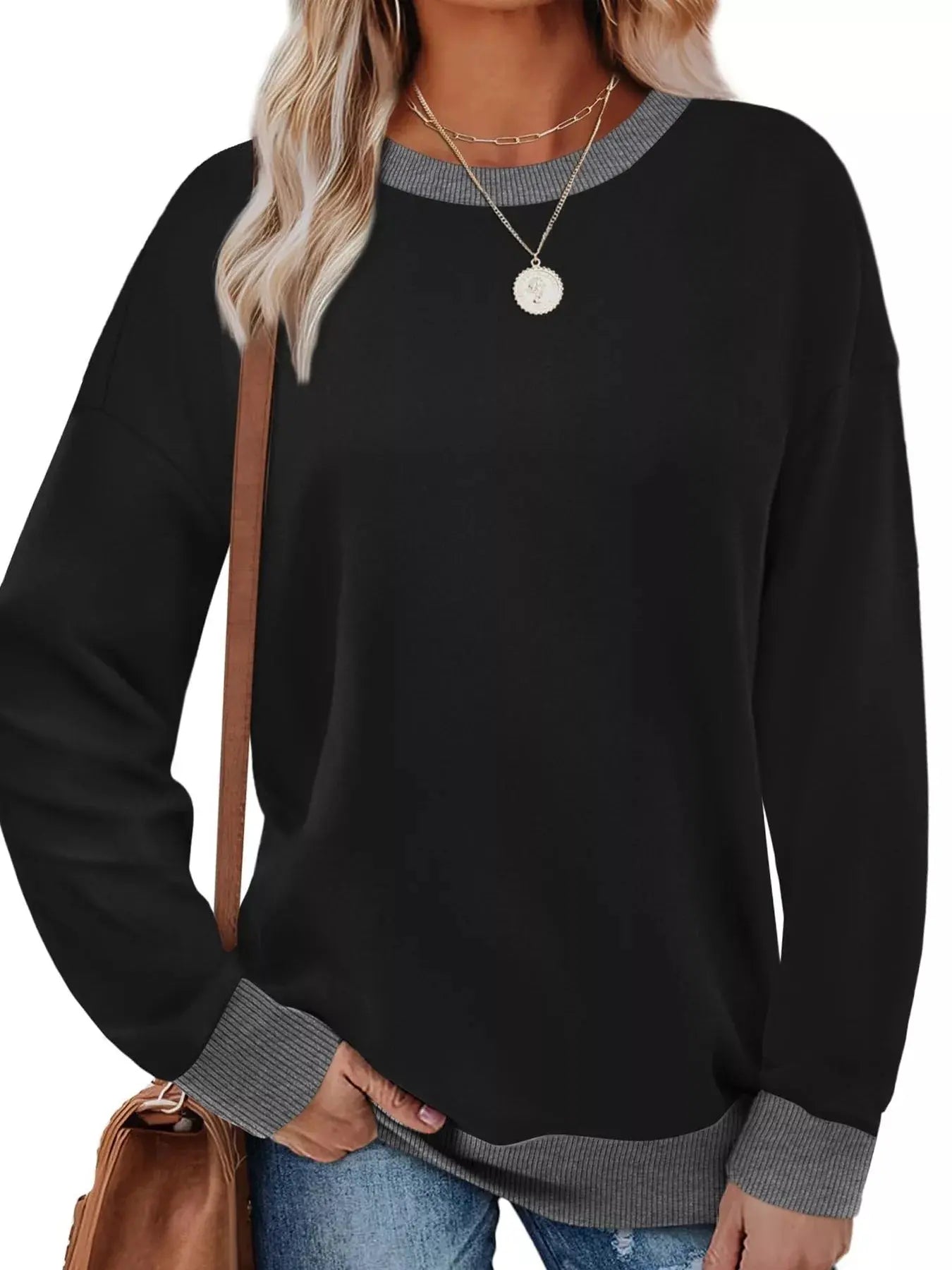 Contrast Trim Crew Neck Casual Sweatshirt Simply Love