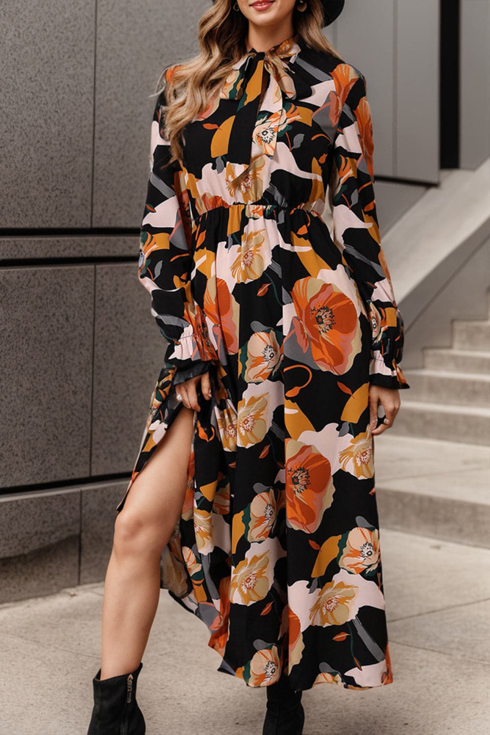 Printed Tie Neck Flounce Sleeve Dress.