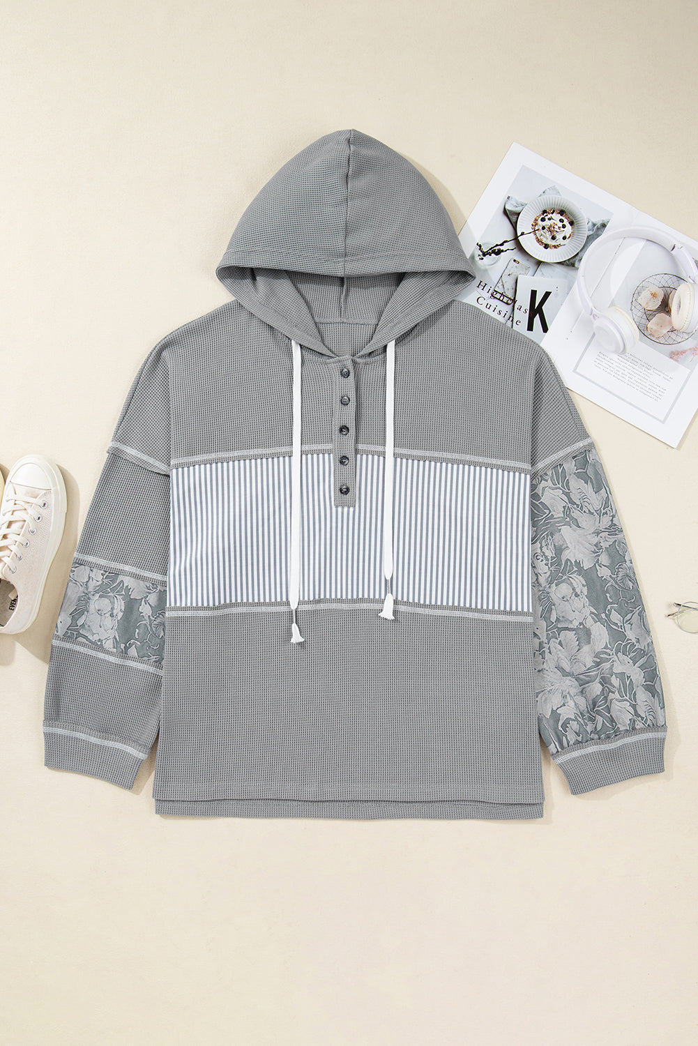 Gray Waffle Knit Patchwork Hooded Top With Half Buttons Dear-Lover Dropshipping