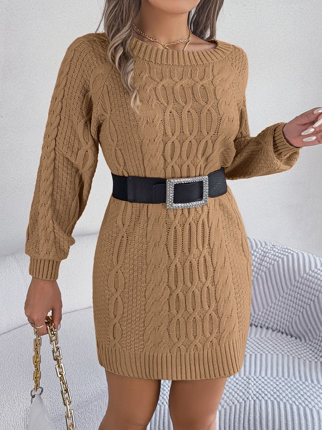 Cable-Knit Round Neck Sweater Dress.