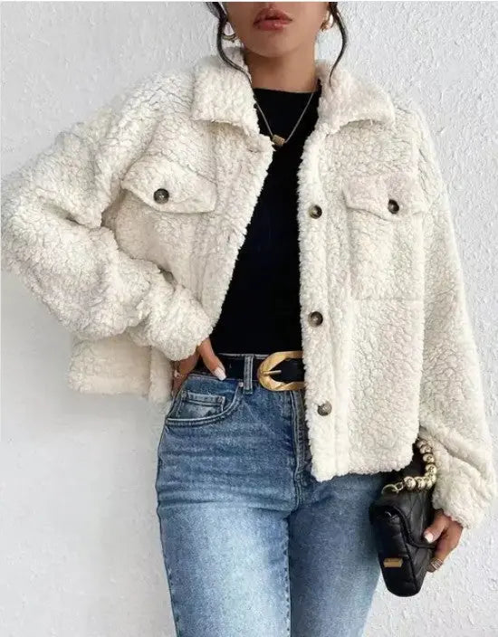 Collared Button Faux Fur Short Coat Miss Sparkling