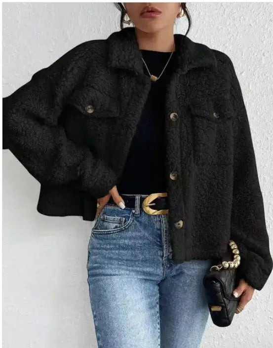 Collared Button Faux Fur Short Coat Miss Sparkling