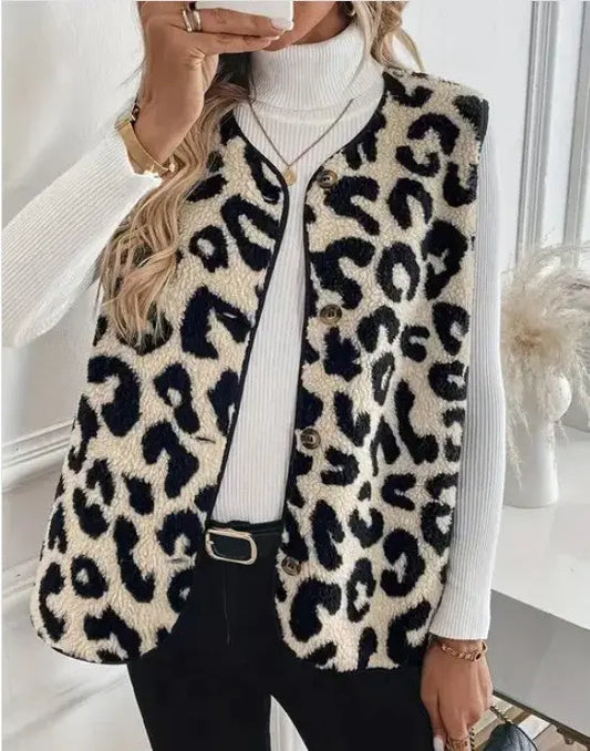 Leopard Print Fleece Vest With Front Button Closure Miss Sparkling