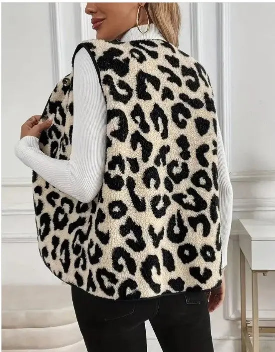 Leopard Print Fleece Vest With Front Button Closure Miss Sparkling
