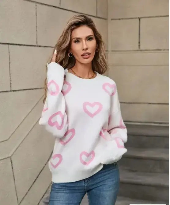 Heart Print Pullover Sweater With Soft Knit Fabric Relaxed Fit Miss Sparkling