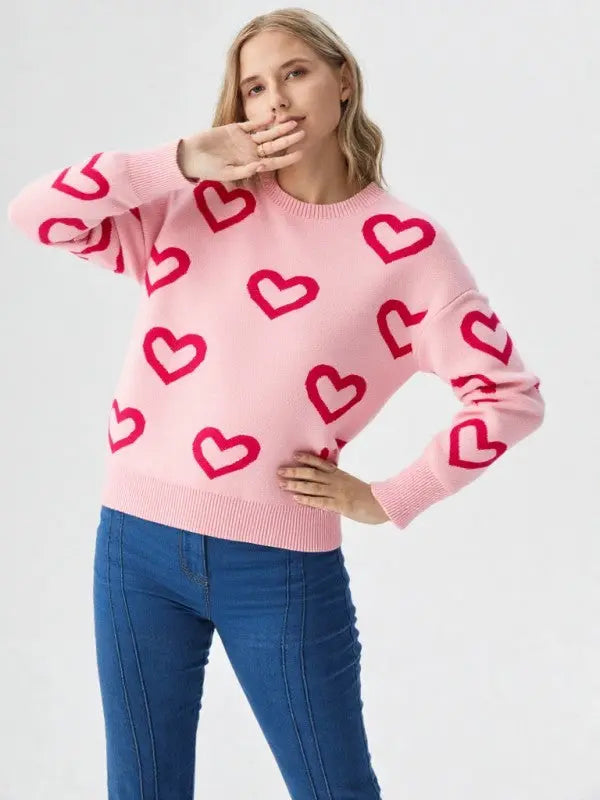 Heart Print Pullover Sweater With Soft Knit Fabric Relaxed Fit Miss Sparkling