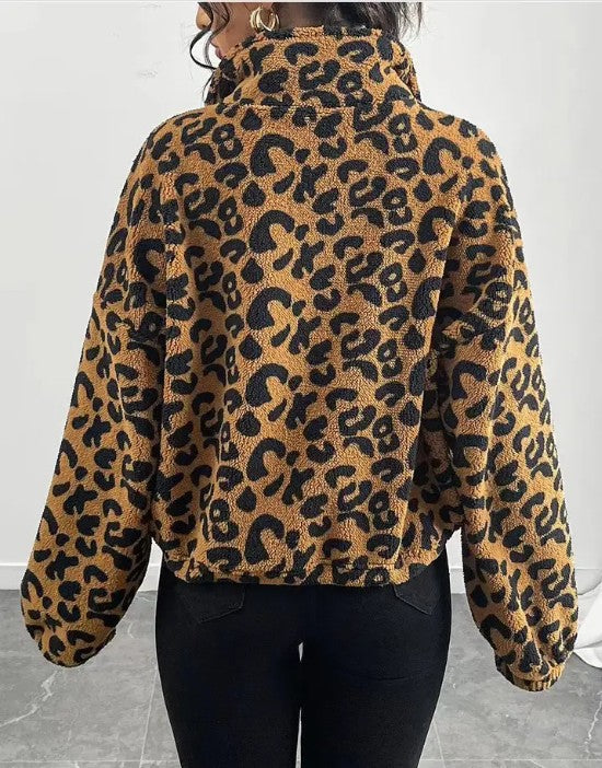 Leopard Print Fleece Zip-Up Jacket Miss Sparkling