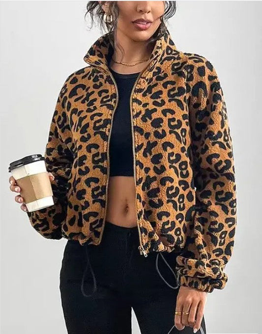 Leopard Print Fleece Zip-Up Jacket Miss Sparkling