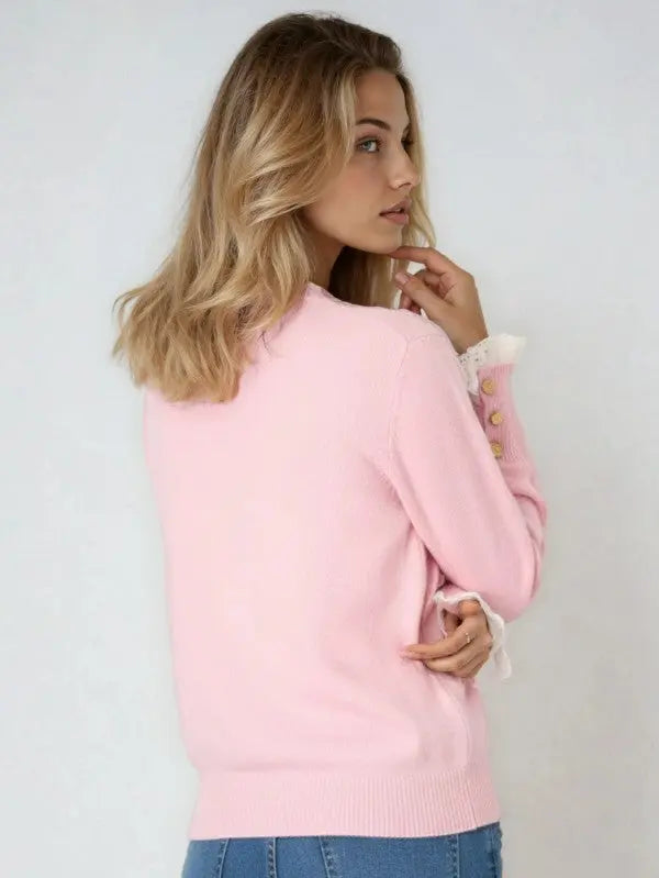 Lace Trim Knit Sweater With Lace Neckline And Cuffed Sleeves Buttoned Miss Sparkling