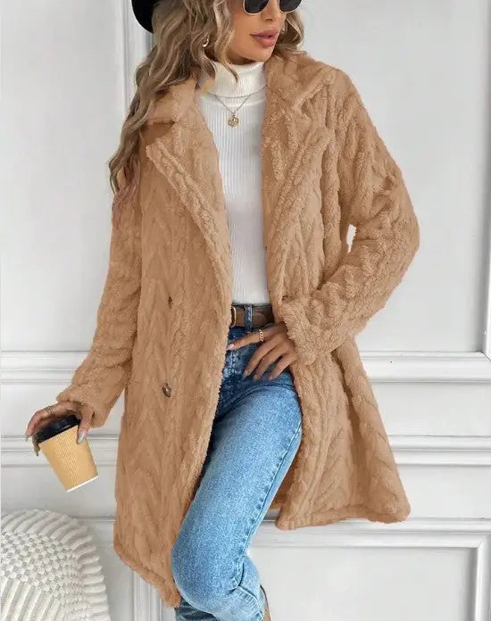 Houndstooth Fleece Coat With Faux Fur Lapel Collar And Button Closure Miss Sparkling