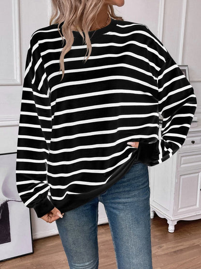 Striped Round Neck Long Sleeve Sweatshirt.