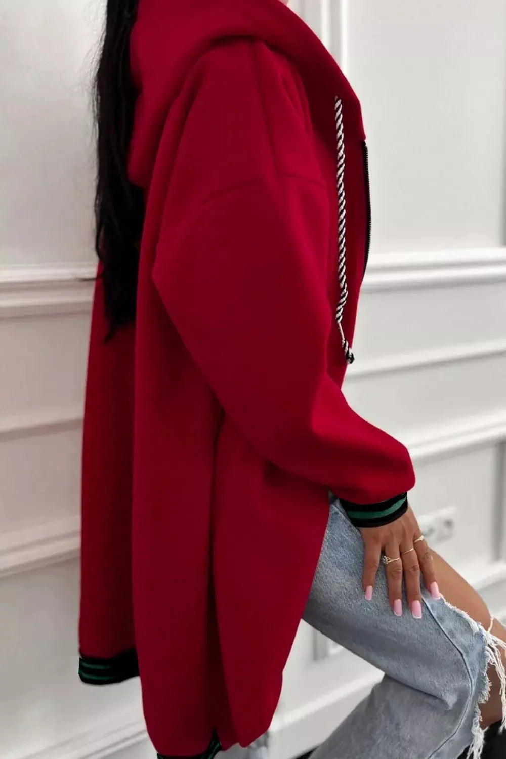 Contrast Cuffed Drop Shoulder Zip Up Hoodie Simply Love