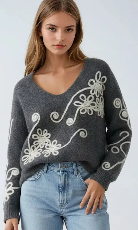 Soft Fluffy Floral Embroidered Knit V Neck Sweater With Raised Details Miss Sparkling