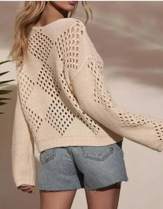 V Neck Hollow Knit Sweater For Casual Chic With Jeans Or Skirts Miss Sparkling