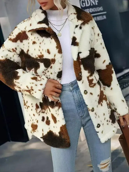 Cow Print Sherpa Jacket With Button Front And Front Pockets Cozy Layering Piece Miss Sparkling