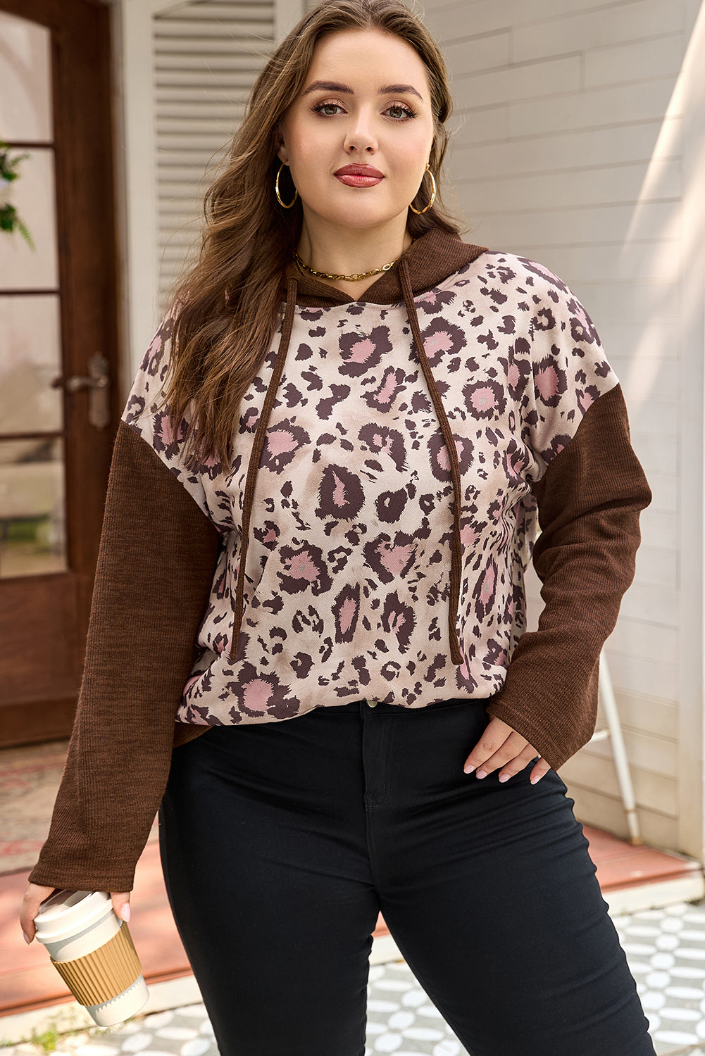 Brown Leopard Print Knit Patchwork Plus Size Hoodie Dear-Lover Dropshipping