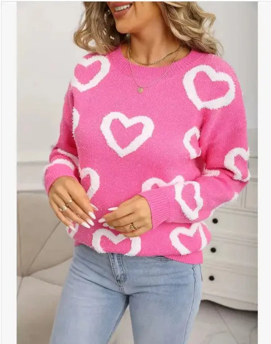 Allover Heart Knit Sweater With Soft Cozy Fabric For Everyday Wear Miss Sparkling