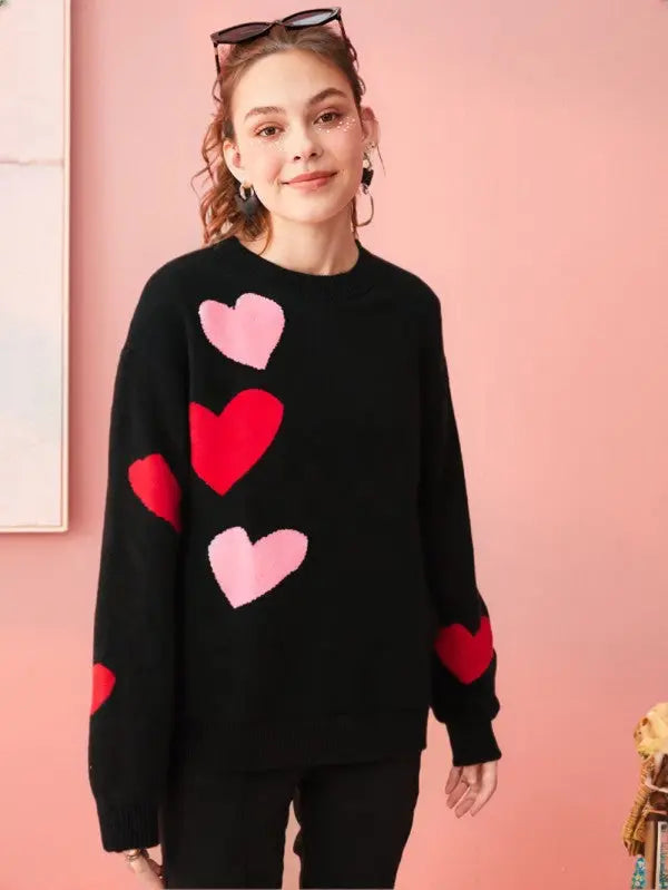 Heart Pattern Knit Sweater Crew Neck Soft Knit Relaxed Fit Comfort Miss Sparkling