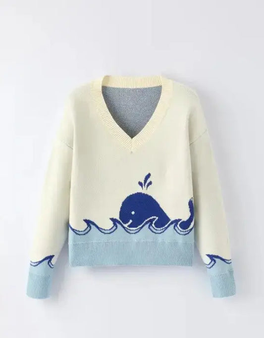 Whale Knit Sweater With Blue Whale Front Design And V Neck Miss Sparkling