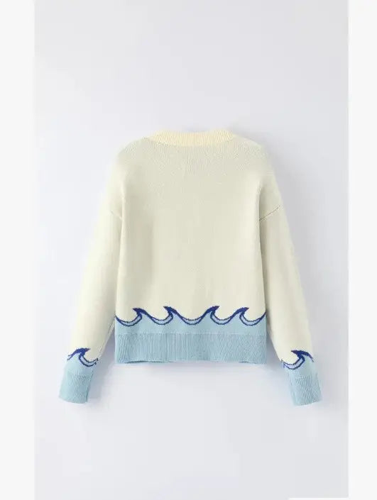 Whale Knit Sweater With Blue Whale Front Design And V Neck Miss Sparkling