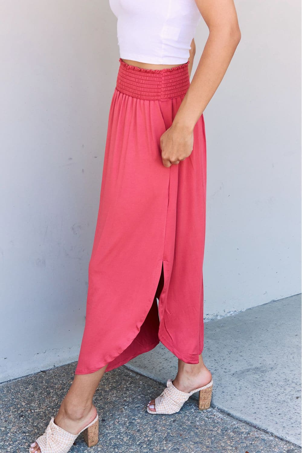 Doublju Comfort Princess Full Size High Waist Scoop Hem Maxi Skirt in Hot Pink.