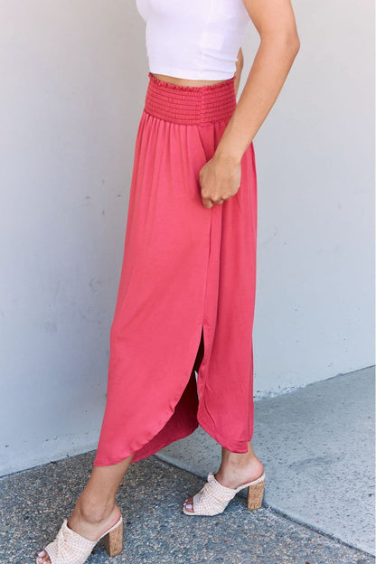 Doublju Comfort Princess Full Size High Waist Scoop Hem Maxi Skirt in Hot Pink.