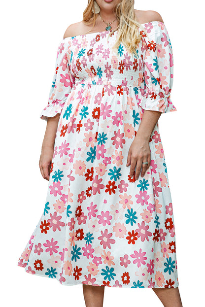 Elegant white floral off-shoulder dress for plus sizes