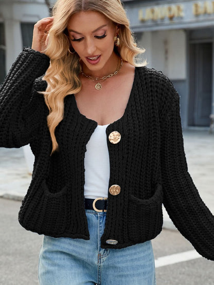 Round Neck Button Up Cardigan with Pockets