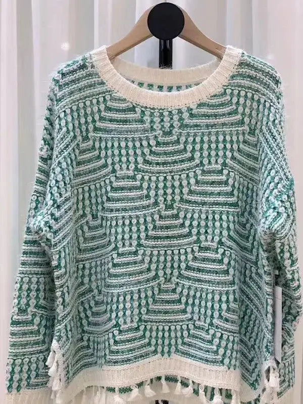 Plaid Knit Sweater With Fringe Exclusive Miss Sparkling Design Miss Sparkling