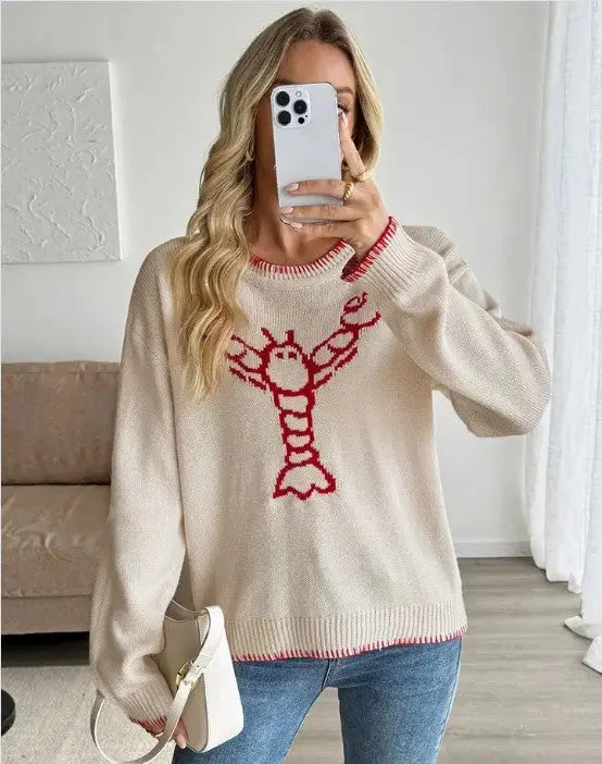 Lobster Pattern Crewneck Sweater With Red Stitching Perfect For Layering Miss Sparkling