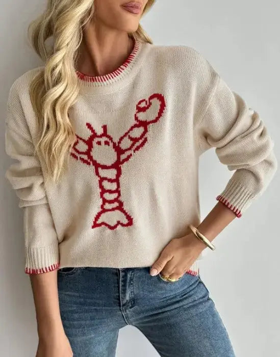 Lobster Pattern Crewneck Sweater With Red Stitching Perfect For Layering Miss Sparkling