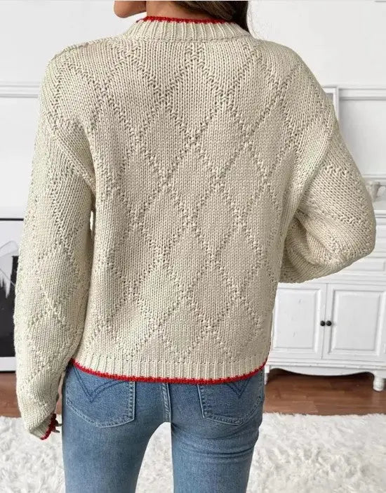 Double Fish Motif Sweater With Red Trim And Crew Neck Miss Sparkling