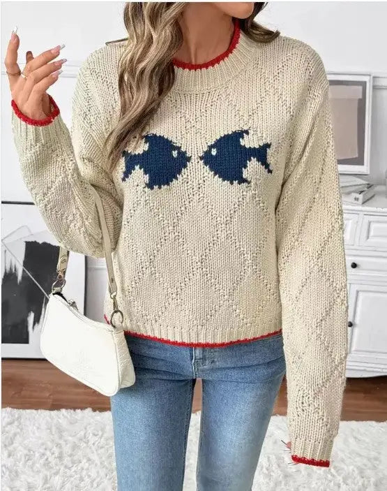 Double Fish Motif Sweater With Red Trim And Crew Neck Miss Sparkling