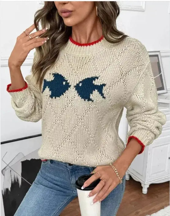 Double Fish Motif Sweater With Red Trim And Crew Neck Miss Sparkling
