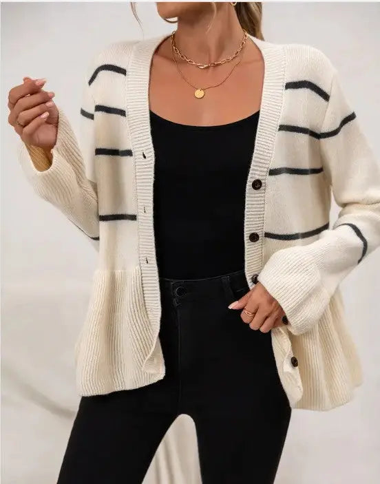 Striped Ribbed Cardigan For Women With V Neck Button Front Flared Hem Miss Sparkling