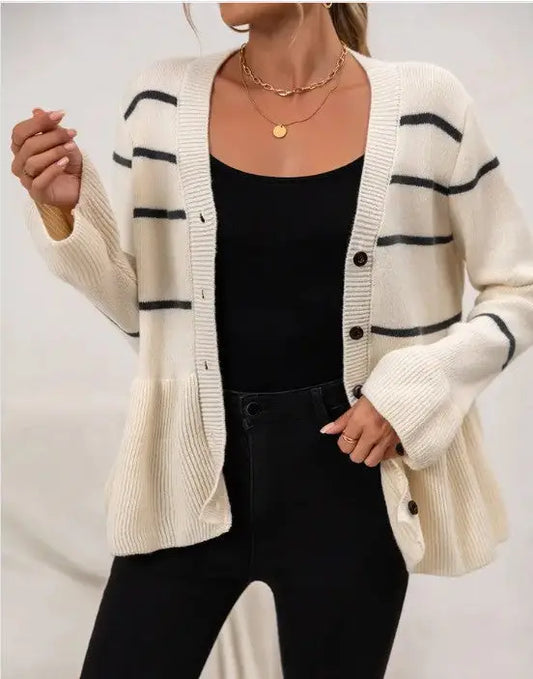 Striped Ribbed Cardigan For Women With V Neck Button Front Flared Hem Miss Sparkling