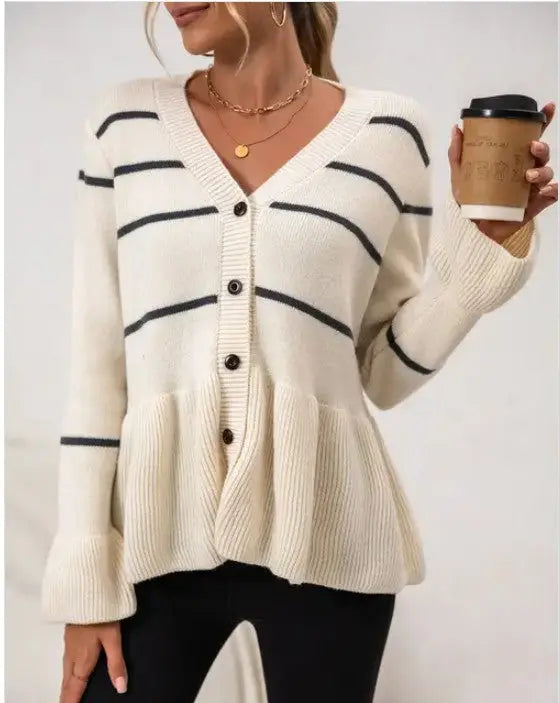 Striped Ribbed Cardigan For Women With V Neck Button Front Flared Hem Miss Sparkling