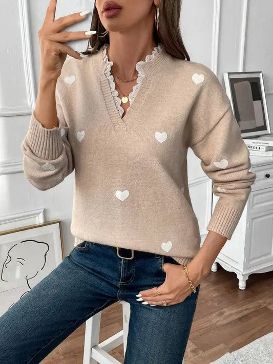 Heart Print Lace Trim V Neck Sweater For Casual Comfort Miss Sparkling