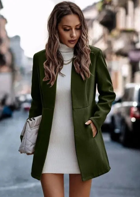 Women's Stand Collar Wool Blend Coat Mid Length Open Front Tailored Fit Pockets Miss Sparkling