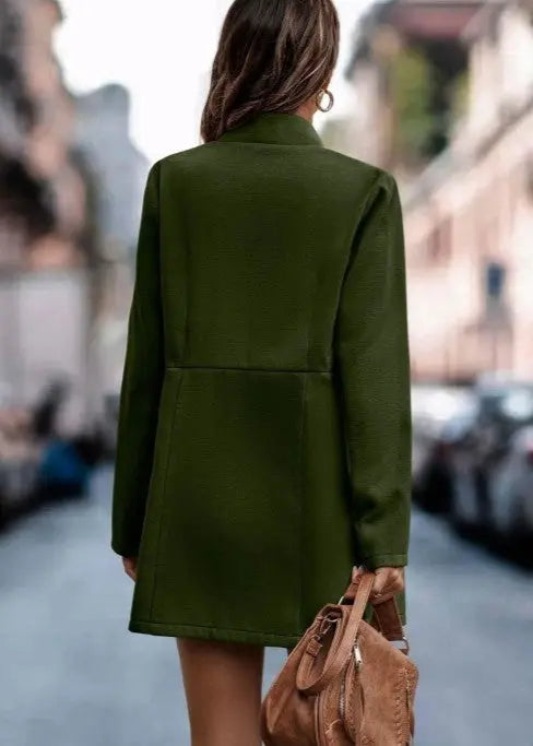 Women's Stand Collar Wool Blend Coat Mid Length Open Front Tailored Fit Pockets Miss Sparkling