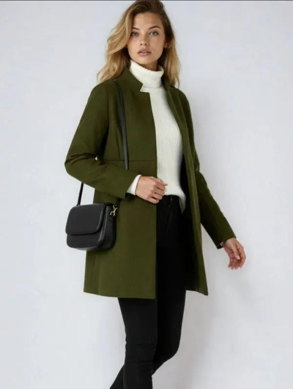 Women's Stand Collar Wool Blend Coat Mid Length Open Front Tailored Fit Pockets Miss Sparkling