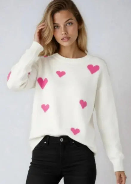 Heart Print Knit Sweater With Crew Neck And Relaxed Fit Miss Sparkling