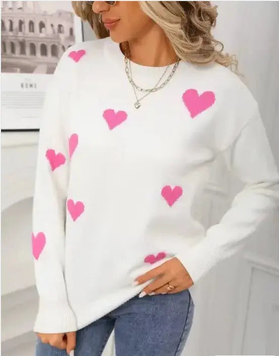 Heart Print Knit Sweater With Crew Neck And Relaxed Fit Miss Sparkling