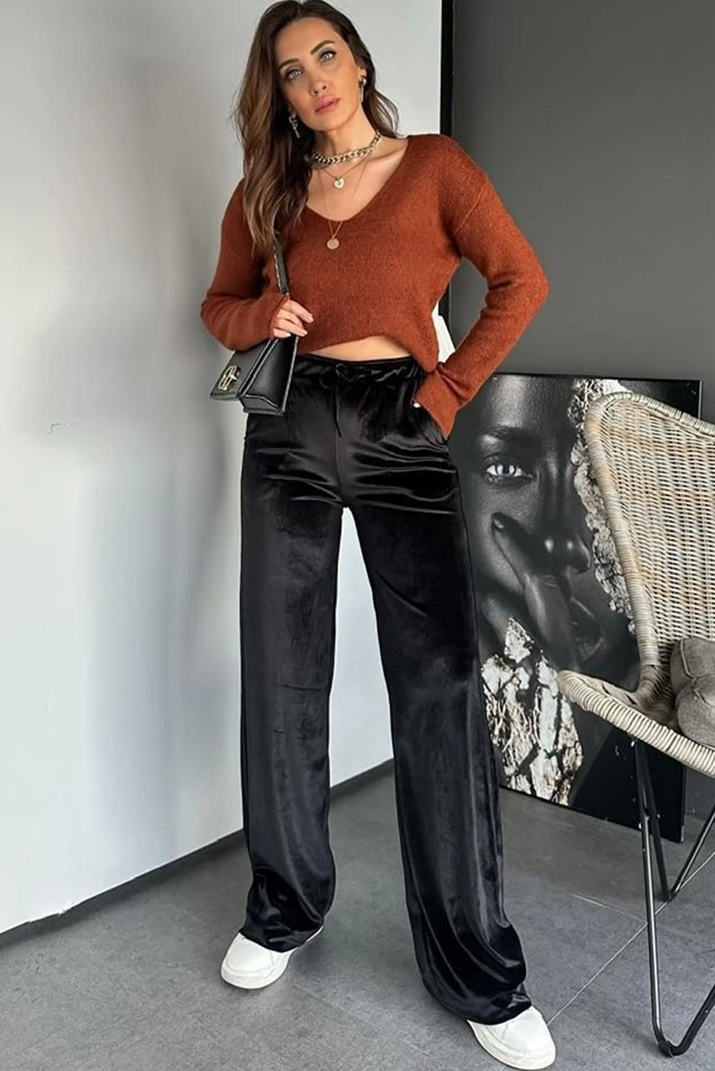 Black Shiny Velvet Drawstring High Waist Straight Leg Casual Pants for Women Dear-Lover Dropshipping