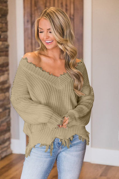 Frayed Hem Dropped Shoulder Sweater.