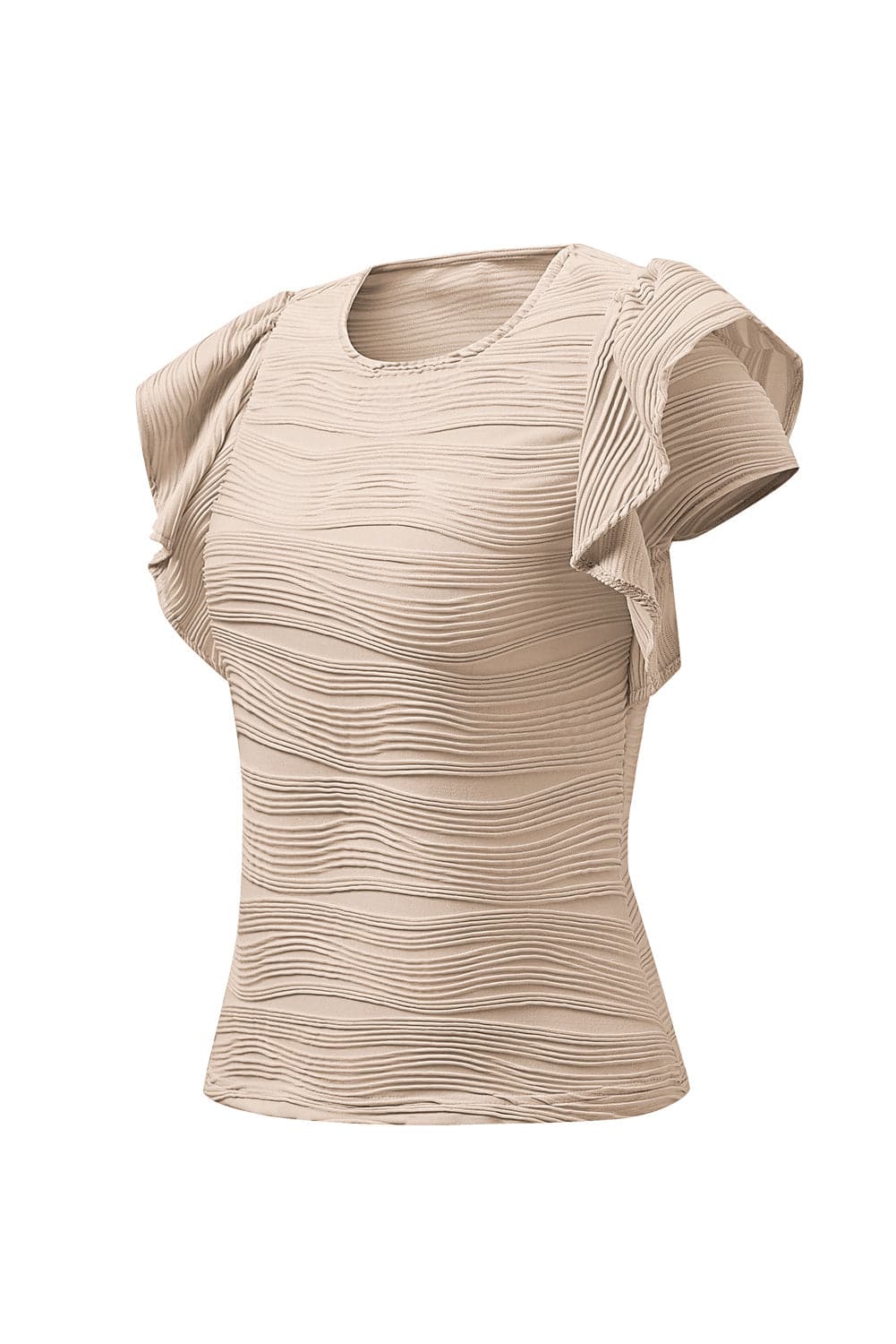 Textured Round Neck Cap Sleeve Top.