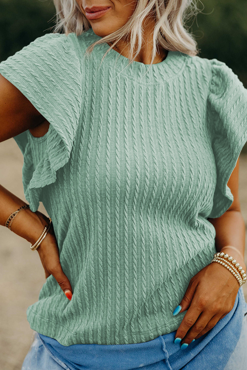 Moonlight Jade Solid Color Textured Flutter Sleeve Top for Women