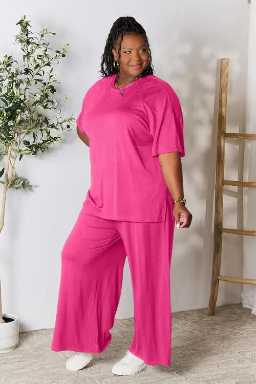 Double Take Full Size Round Neck Slit Top and Pants Set - Love Salve