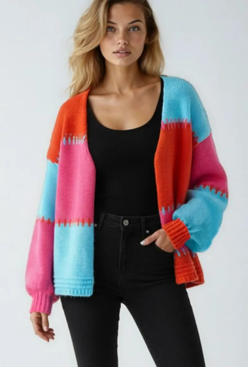 Womens Color Block Knit Cardigan With Open Front And Dropped Shoulders Miss Sparkling